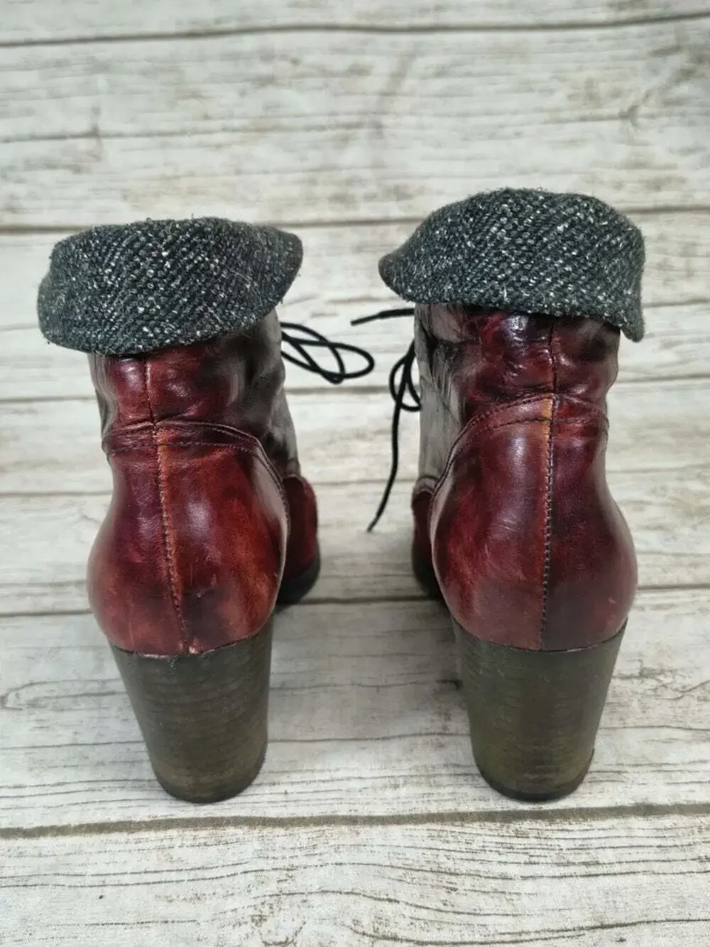 Hispanitas Burgundy Leather Suede Lace Up Ankle Boots Cuffed Tweed Collar EU 39